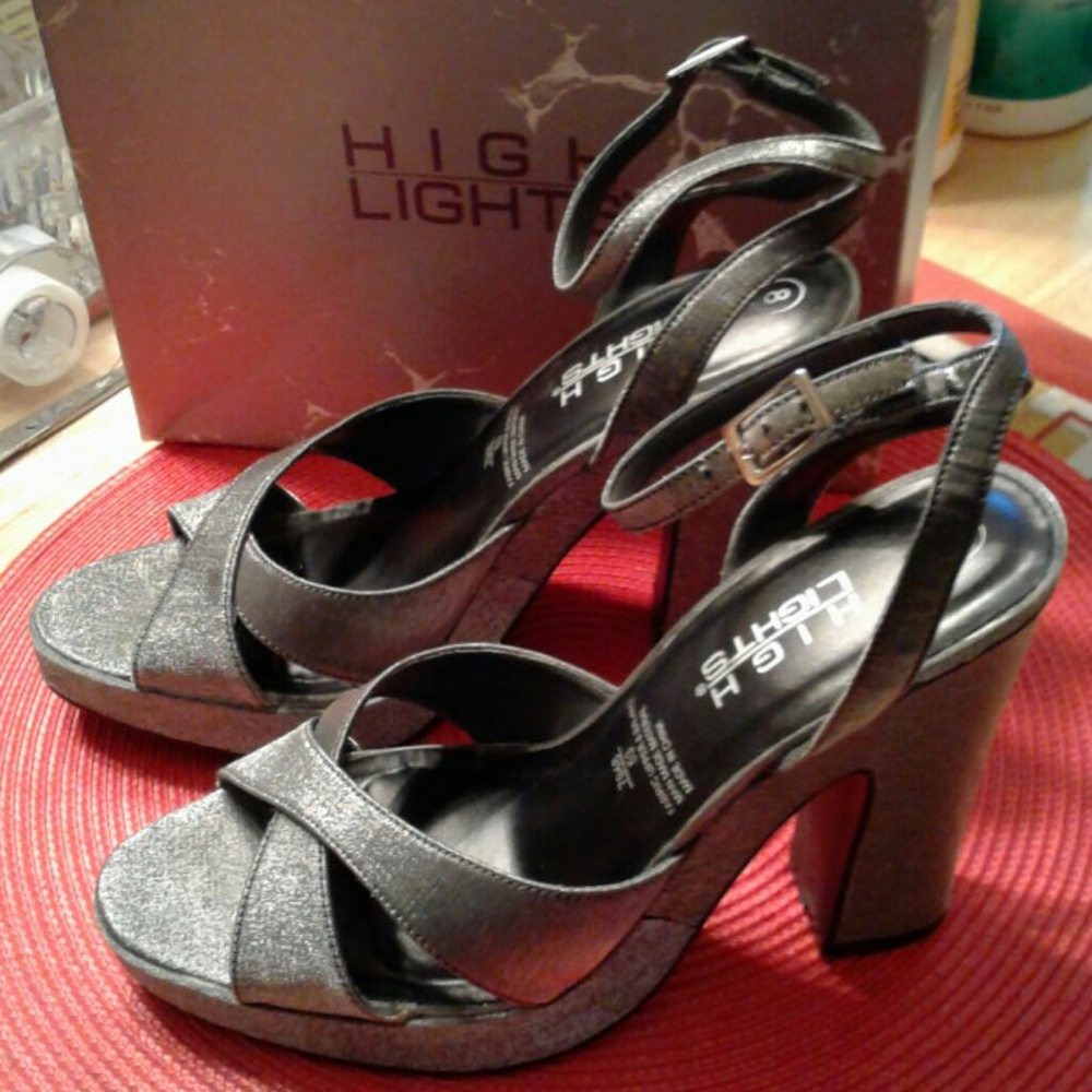 Vintage 90's, Silver Pumps with 5" Wedge Heels & Sexy Ankle Straps